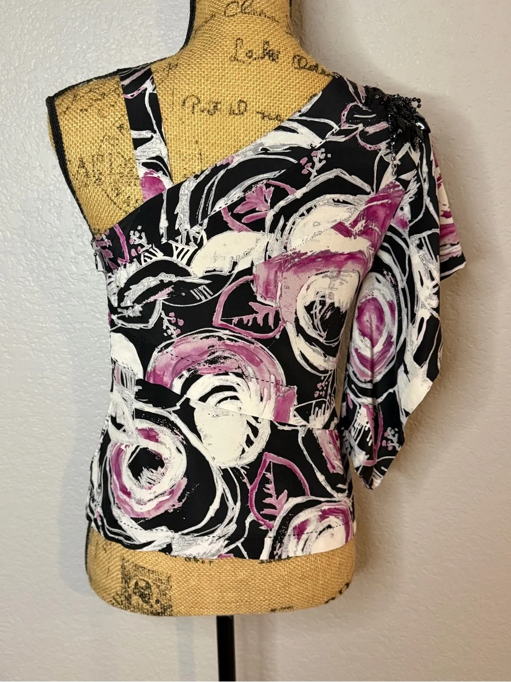 Vintage Robert Rodriguez Black & Pink One-Shoulder Silk Floral Top